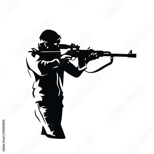 A man in a military uniform is holding a rifle. He is wearing a backpack and has a rifle in his hand