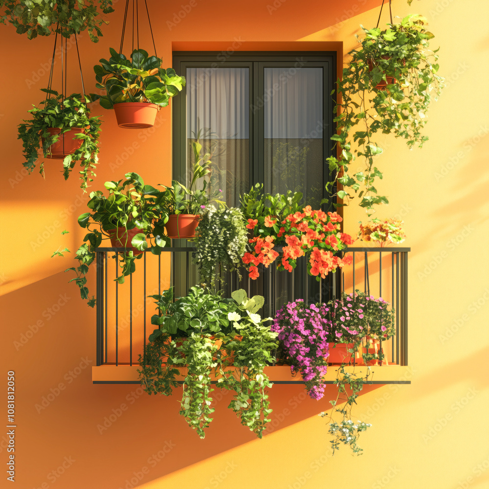 Balcony Corner with Vibrant Hanging Planters and Green Vegetables. Balcony Corner with Vibrant Hanging Planters and Green Vegetables.