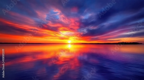 Colorful Sunset over Still Water with Reflected Sky