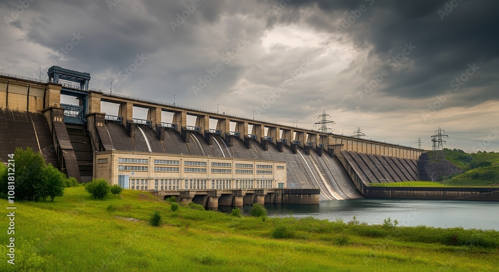 A water dam power plant, water generated electricity plant at cloudy day time 3d illustration image. A water dam power plant, water generated electricity plant at cloudy day time 3d illustration image.