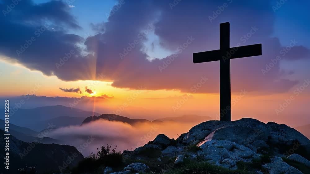 A dramatic sunset over mountains with a cross silhouette in the foreground, casting long shadows against the vibrant sky. A dramatic sunset over mountains with a cross silhouette in the foreground, casting long shadows against the vibrant sky.