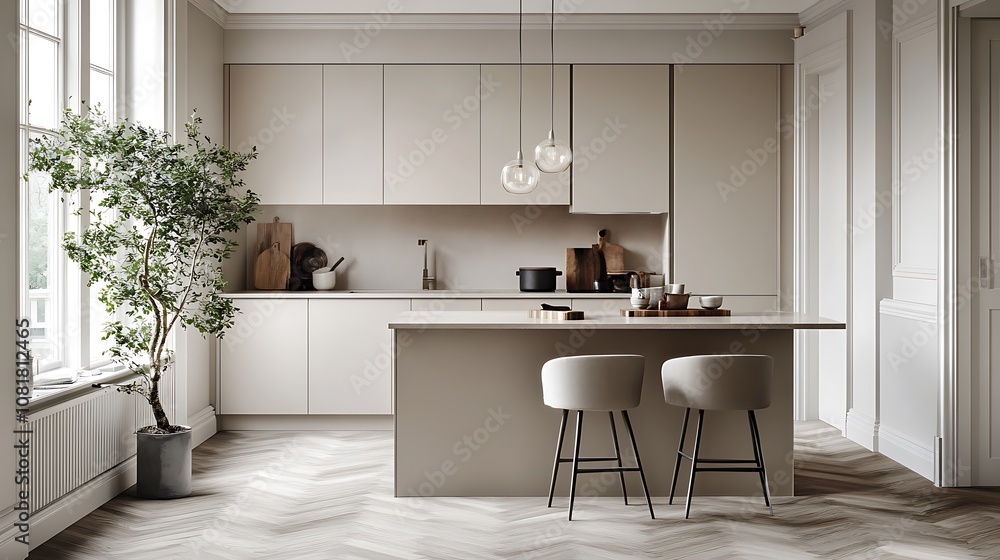 A minimalist open kitchen with light beige cabinets A minimalist open kitchen with light beige cabinets