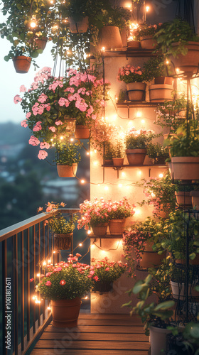 Balcony Space with a Blend of Herbs and Flowering Plants.