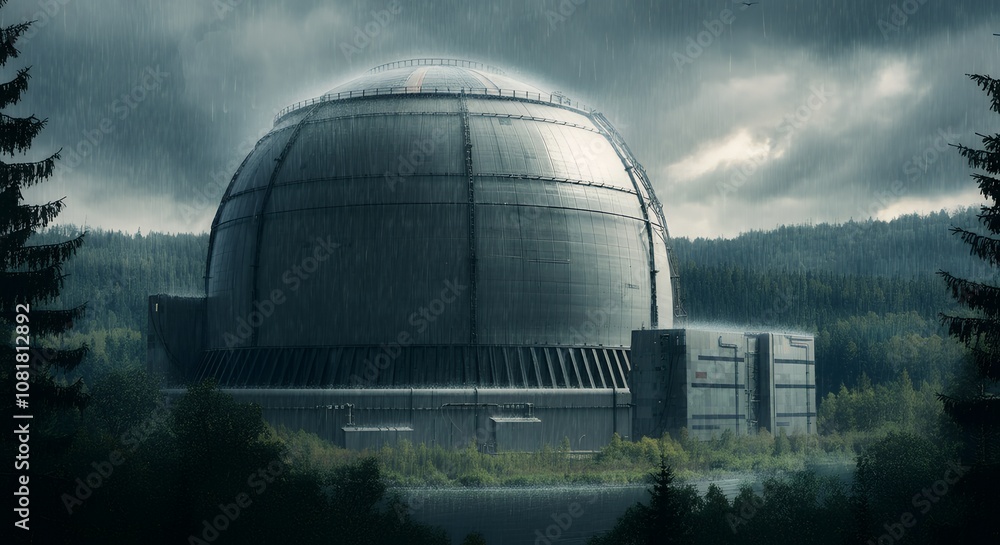 Fototapeta premium A nuclear power plant, the nuclear power plant at night 3d illustration image.
