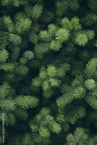 Lush green fir tree branches filling the frame in a forest setting