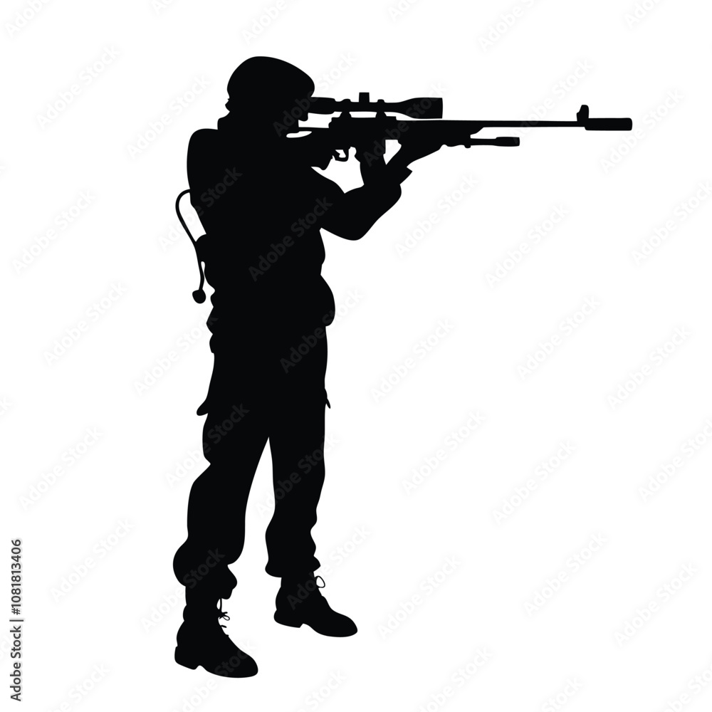 A man in a military uniform is holding a rifle. He is wearing a backpack and has a rifle in his hand A man in a military uniform is holding a rifle. He is wearing a backpack and has a rifle in his hand
