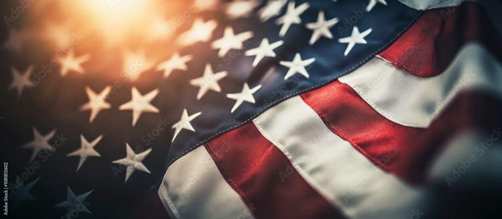 © Chayanan - Close-up view of blurred American Flag with retro touch for Independence Day celebration concept.