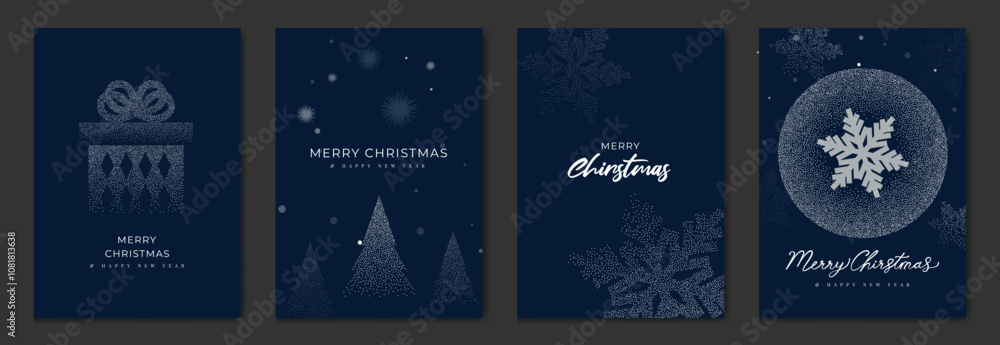 Fototapeta premium Merry Christmas and Happy New Year greeting card vector set. Luxury invitation with Christmas tree, snowman, santa, spot texture on navy blue background. Design illustration for season's card, ads.