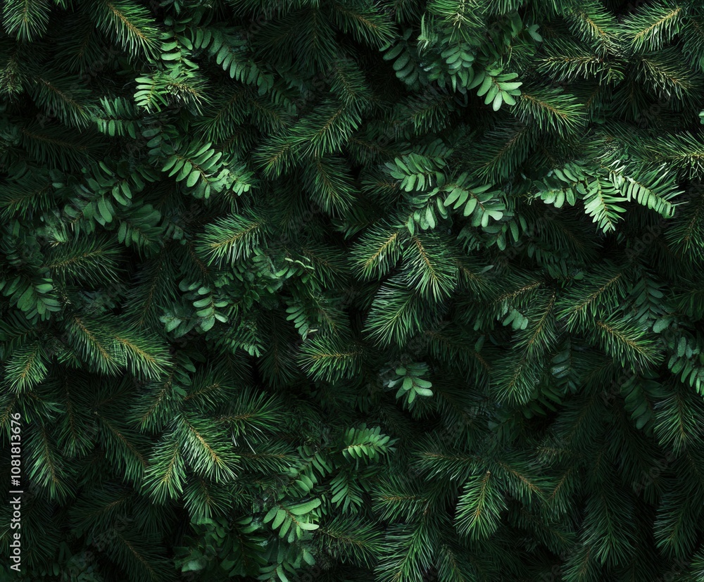 Lush green conifer branches filling the view in a forest setting Lush green conifer branches filling the view in a forest setting