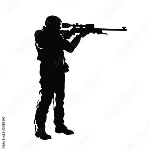 A man in a military uniform is holding a rifle. He is wearing a backpack and has a rifle in his hand