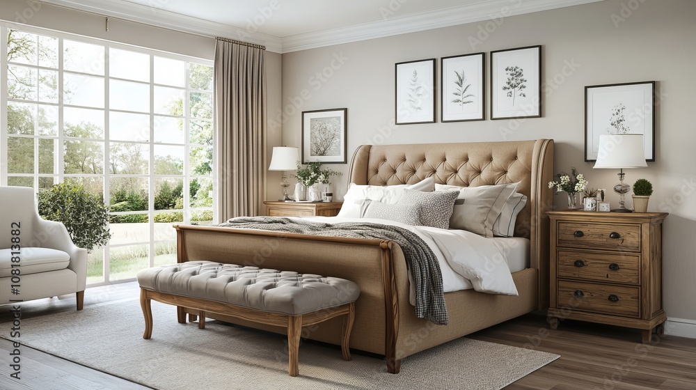 A cozy bedroom with a bed chest of drawers and a bedside bench A cozy bedroom with a bed chest of drawers and a bedside bench