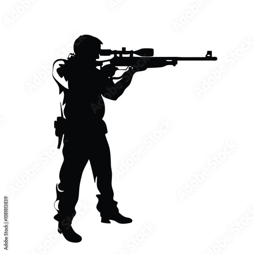 A man in a military uniform is holding a rifle. He is wearing a backpack and has a rifle in his hand