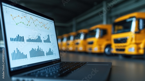 Data analysis on laptop with trucks in background, showcasing logistics and transportation trends