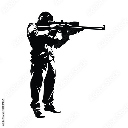 A man in a military uniform is holding a rifle. He is wearing a backpack and has a rifle in his hand