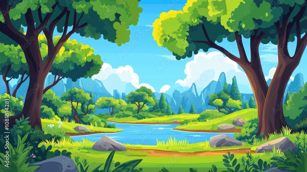 Serene Forest Landscape with Winding River and Mountain Range in the Distance Serene Forest Landscape with Winding River and Mountain Range in the Distance