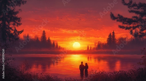 A couple silhouetted against a fiery sunset over a lake.