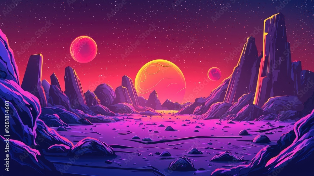 A vibrant, stylized depiction of a rocky alien landscape with three planets and a starry sky. A vibrant, stylized depiction of a rocky alien landscape with three planets and a starry sky.
