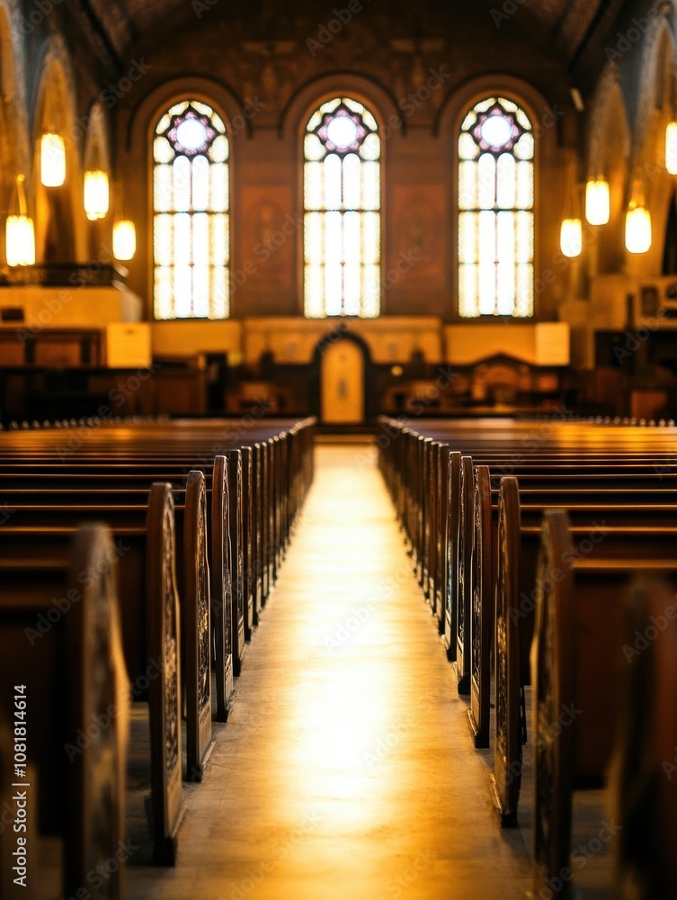 Fototapeta premium A serene interior of a church with rows of wooden pews and stained glass windows.
