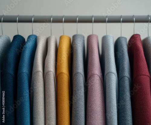 Colorful sweaters neatly arranged on a rack in a modern clothing store photo