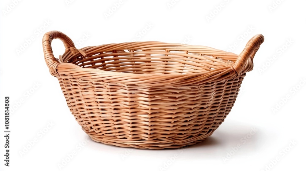 Isolated Empty Wicker Basket with Handles on White Background for Product Displays and Creative Projects. Isolated Empty Wicker Basket with Handles on White Background for Product Displays and Creative Projects.
