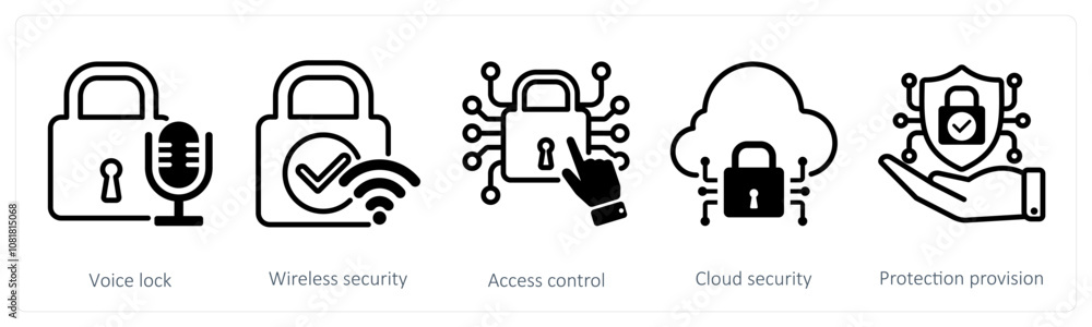 A set of 5 security icons as voice lock, wireless security, access control A set of 5 security icons as voice lock, wireless security, access control