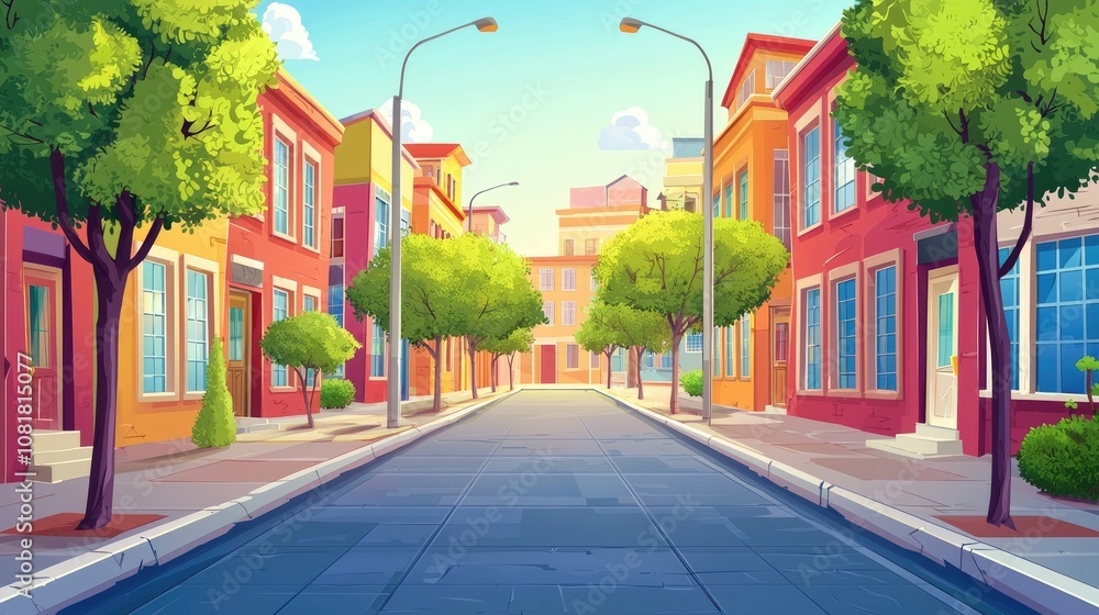 Empty Street in a Colorful Cityscape with Trees and Buildings Empty Street in a Colorful Cityscape with Trees and Buildings