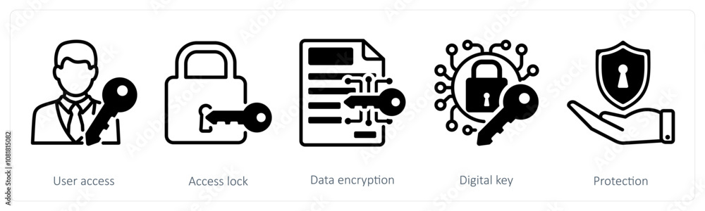 A set of 5 security icons as user access, access lock, data encryption A set of 5 security icons as user access, access lock, data encryption