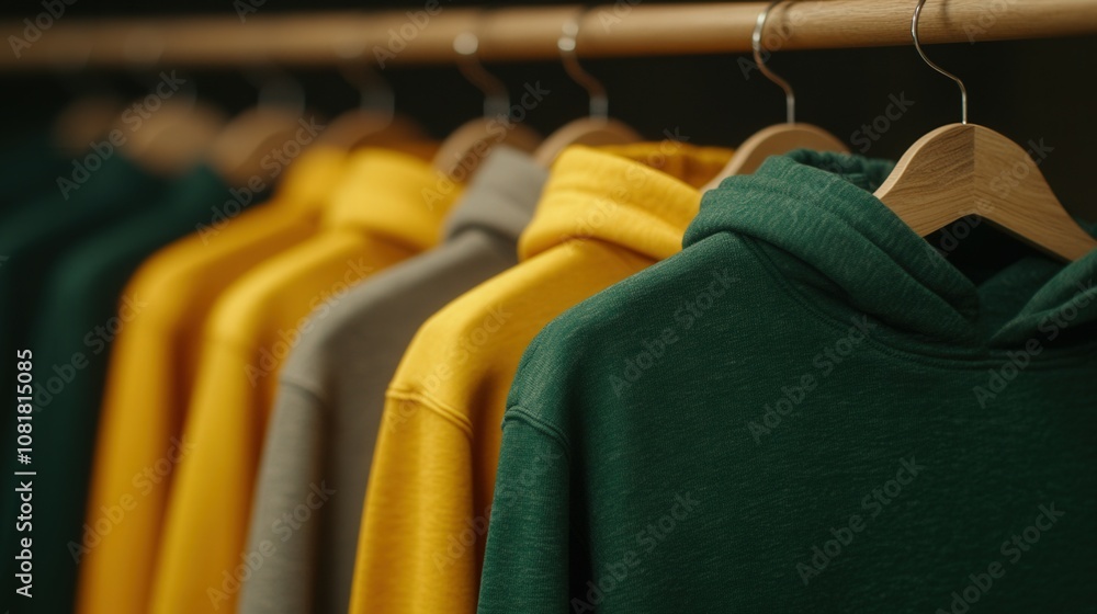 Obraz premium Hooded sweatshirts displayed on hangers in a clothing store