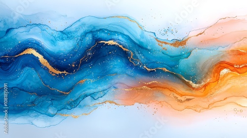 Abstract fluid art featuring blue and orange waves with gold accents.