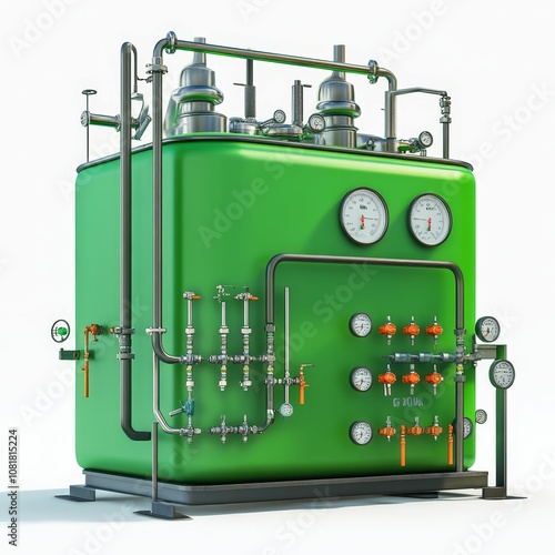 Green industrial tank with gauges and valves.