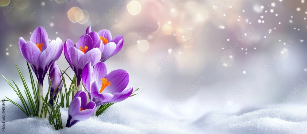 Purple crocuses emerging from under spring snow closeup with space for text Purple crocuses emerging from under spring snow closeup with space for text