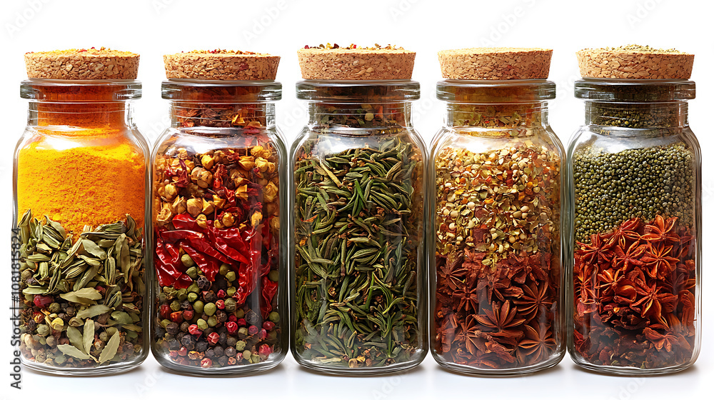 vibrant collection of spices in glass jars, showcasing variety of colors and textures. Each jar is filled with unique spices, adding flavor and aroma to any dish vibrant collection of spices in glass jars, showcasing variety of colors and textures. Each jar is filled with unique spices, adding flavor and aroma to any dish