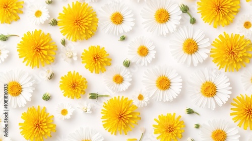 86.A flat lay pattern of spring and summer flowers featuring bright yellow dandelions and white daisies scattered evenly across a white background. The flowers create a repeating floral design, with