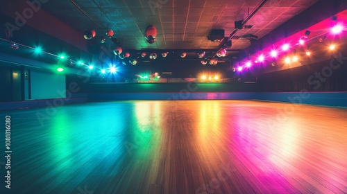 A roller skating rink with smooth wooden flooring, indoor setting with vibrant disco lights, Retro style photo