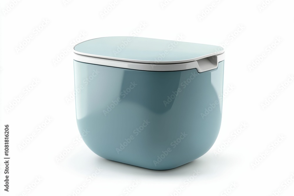 A blue and white trash can on a white background. A blue and white trash can on a white background.
