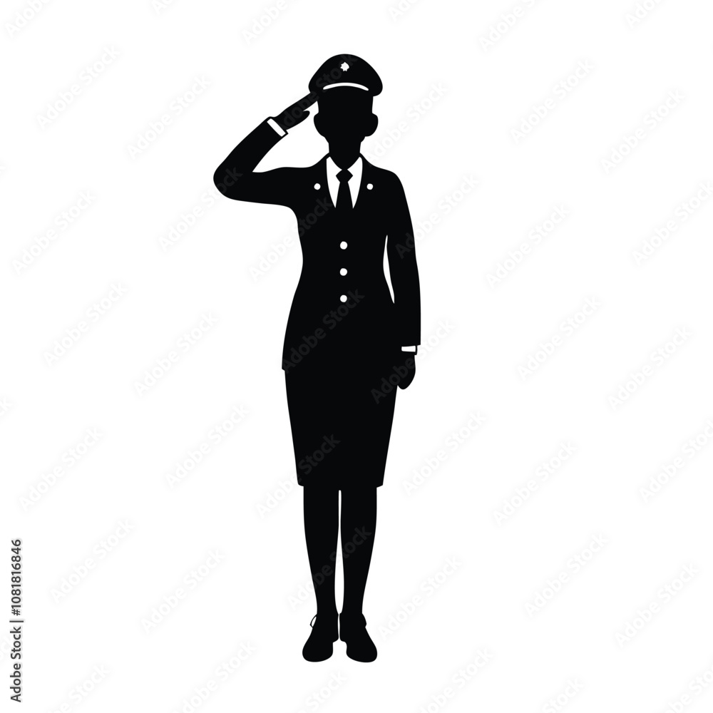 Obraz premium A woman in a military uniform is saluting. She is wearing a hat and a tie. She is standing in front of a white background