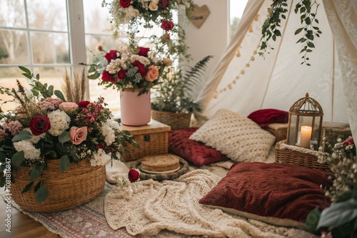 Candid Boho Valentine's Day Moments with Floral Decorations, Cozy Atmosphere, and Natural Light for Romantic Celebrations