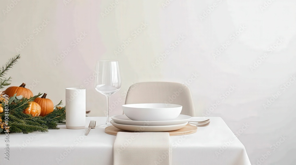 A table with a white tablecloth and a white chair A table with a white tablecloth and a white chair