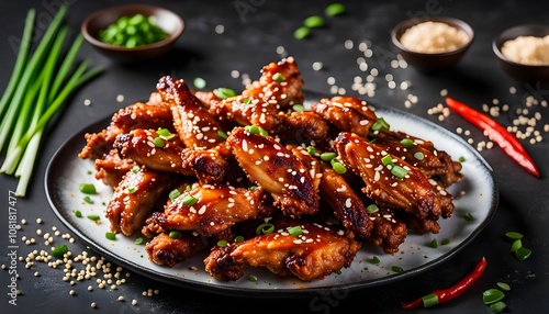 Spicy korean chicken wings with sesame seeds and chives. 