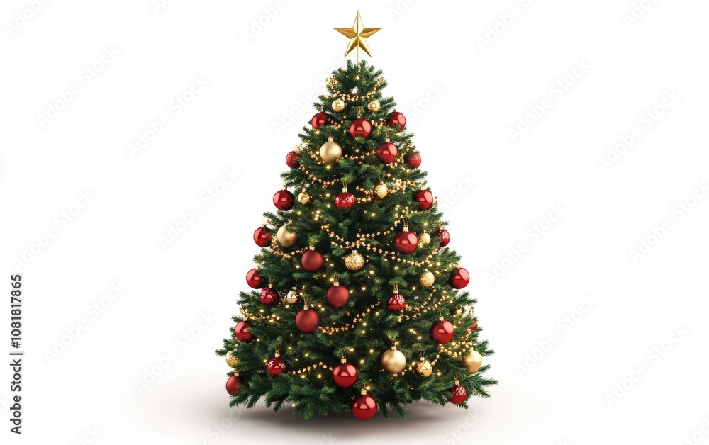 Classic Red and Green Christmas Tree: A traditional Christmas tree adorned with red and green baubles, candy canes, and twinkling warm lights, topped with a gold star, displayed on a white background Classic Red and Green Christmas Tree: A traditional Christmas tree adorned with red and green baubles, candy canes, and twinkling warm lights, topped with a gold star, displayed on a white background