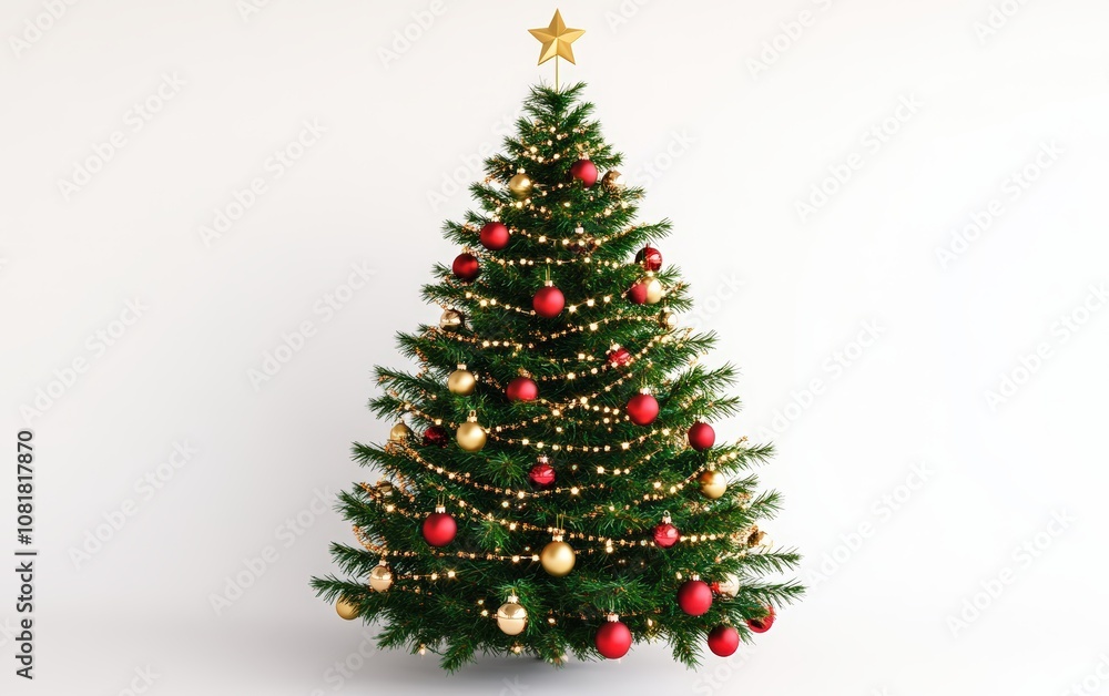 Classic Red and Green Christmas Tree: A traditional Christmas tree adorned with red and green baubles, candy canes, and twinkling warm lights, topped with a gold star, displayed on a white background Classic Red and Green Christmas Tree: A traditional Christmas tree adorned with red and green baubles, candy canes, and twinkling warm lights, topped with a gold star, displayed on a white background