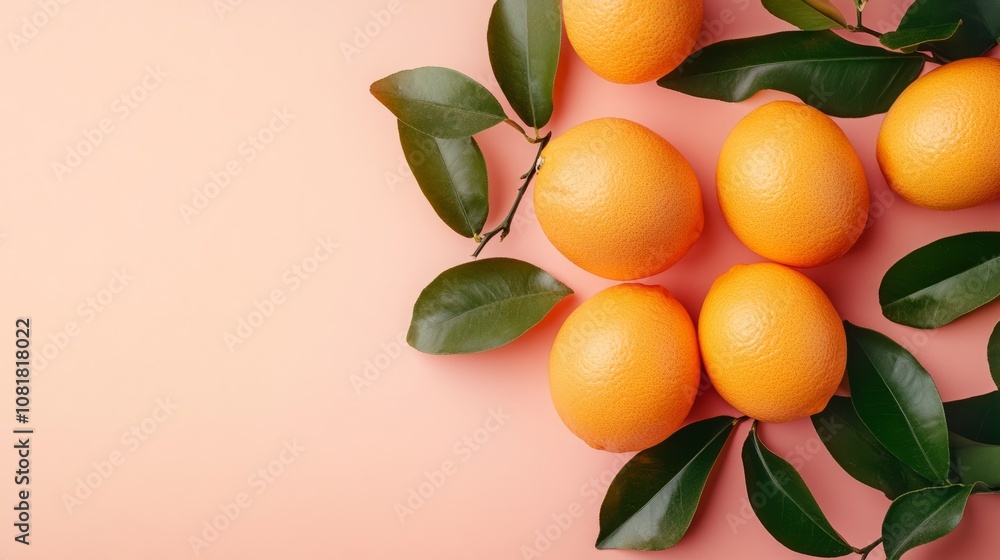 oranges with green leaves on peach background with copyspace oranges with green leaves on peach background with copyspace