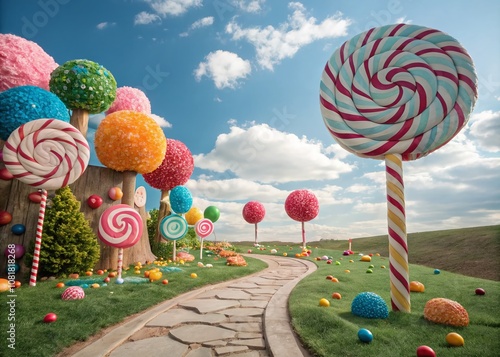 Candy Land Wonderland: A Whimsical Landscape Filled with Colorful Candy Trees, Lollipop Mountains, and Gumdrop Pathways, Perfect for Capturing Sweet Adventures in a Fantasy World photo