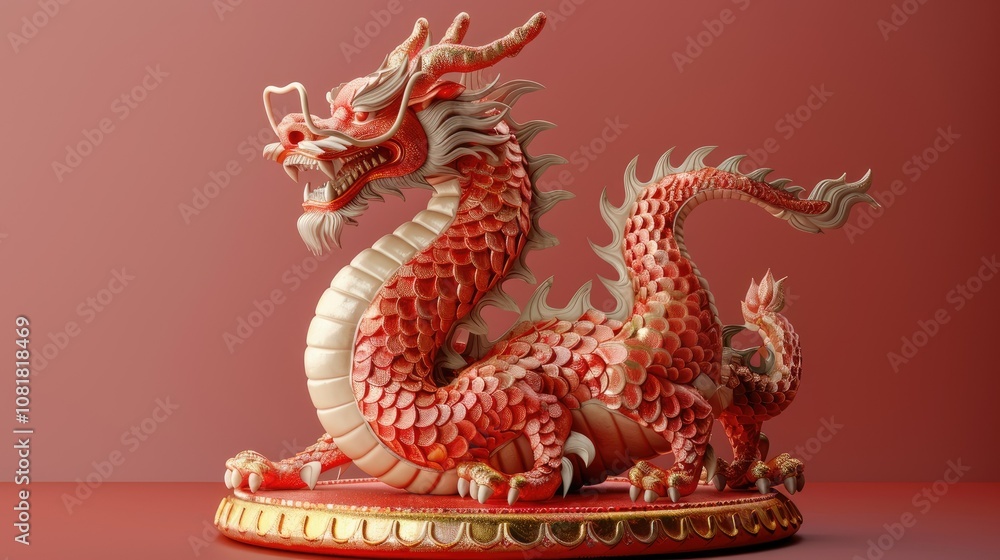 Obraz premium A red Chinese dragon figurine with a white underside, standing on a golden pedestal.