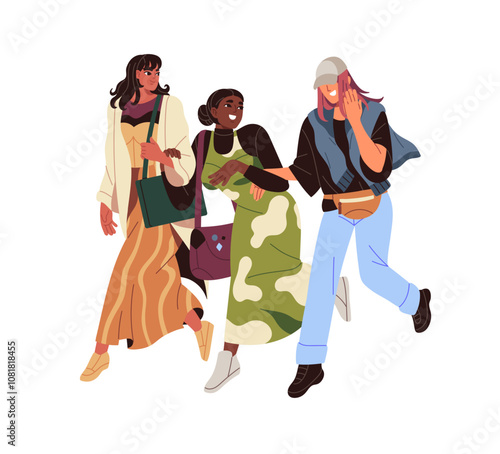 Happy young women hold hands, walk together. Stylish girls communicate, talk, laughing on the go. Fashion friends have fun, stroll outdoors. Flat isolated vector illustration on white background