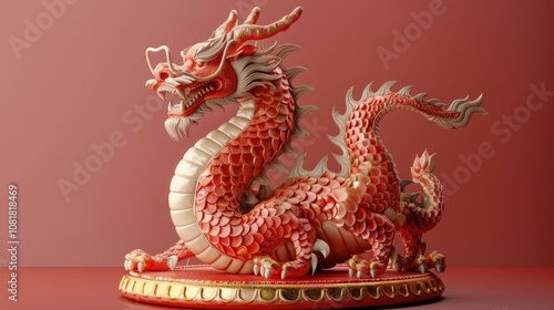 A red Chinese dragon figurine with a white underside, standing on a golden pedestal.