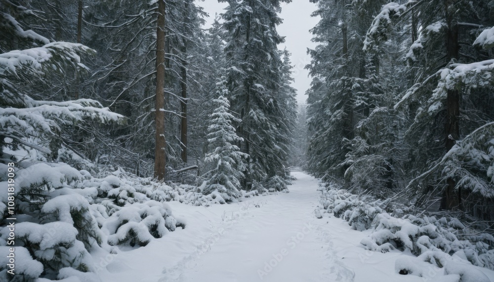 A winter trail through a dense, snow-filled forest A winter trail through a dense, snow-filled forest