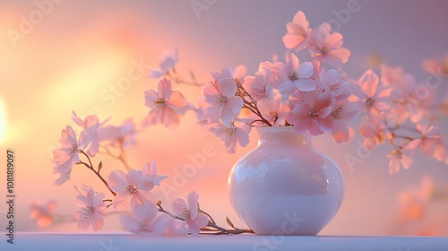 25.A tranquil arrangement of delicate blossoms in a vase, their soft colors echoing the pastel tones of a sunset. The peaceful ambiance of the scene captures the quiet beauty of nature at dusk.