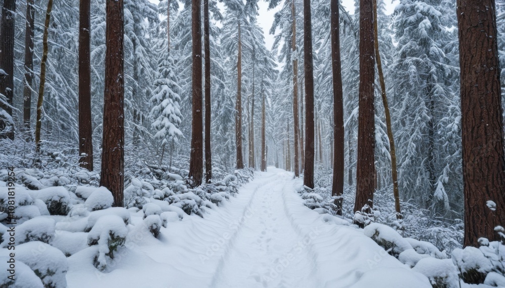 A winter trail through a dense, snow-filled forest A winter trail through a dense, snow-filled forest