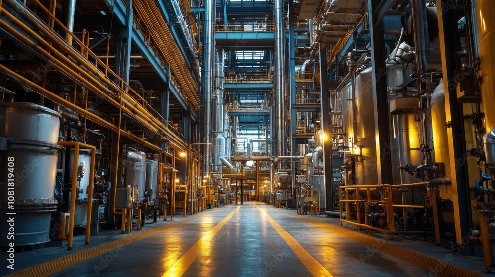 Factory Hazard Assessment. A spacious industrial interior featuring tall machinery, pipes, and tanks, illuminated by warm lights, capturing the essence of a busy manufacturing facility. Factory Hazard Assessment. A spacious industrial interior featuring tall machinery, pipes, and tanks, illuminated by warm lights, capturing the essence of a busy manufacturing facility.